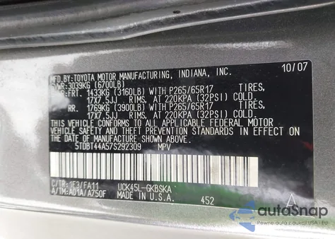 2007 Toyota Sequoia Sr5 V8 из США, поврежденный, VIN 5TDBT44A57S292309